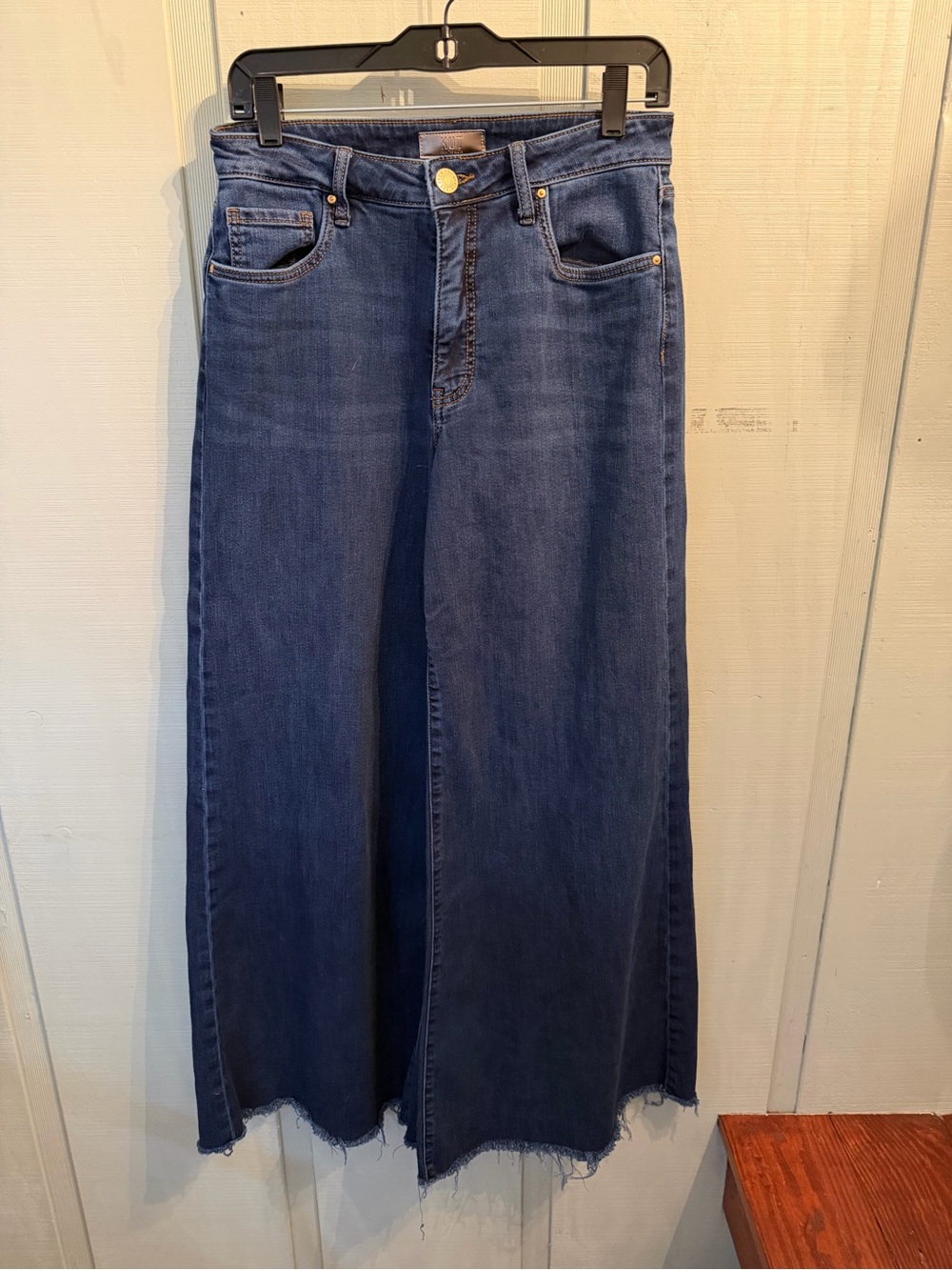 Kut from the Kloth Blake High Rise Super Wide Dark Blue Frayed Hem Jeans